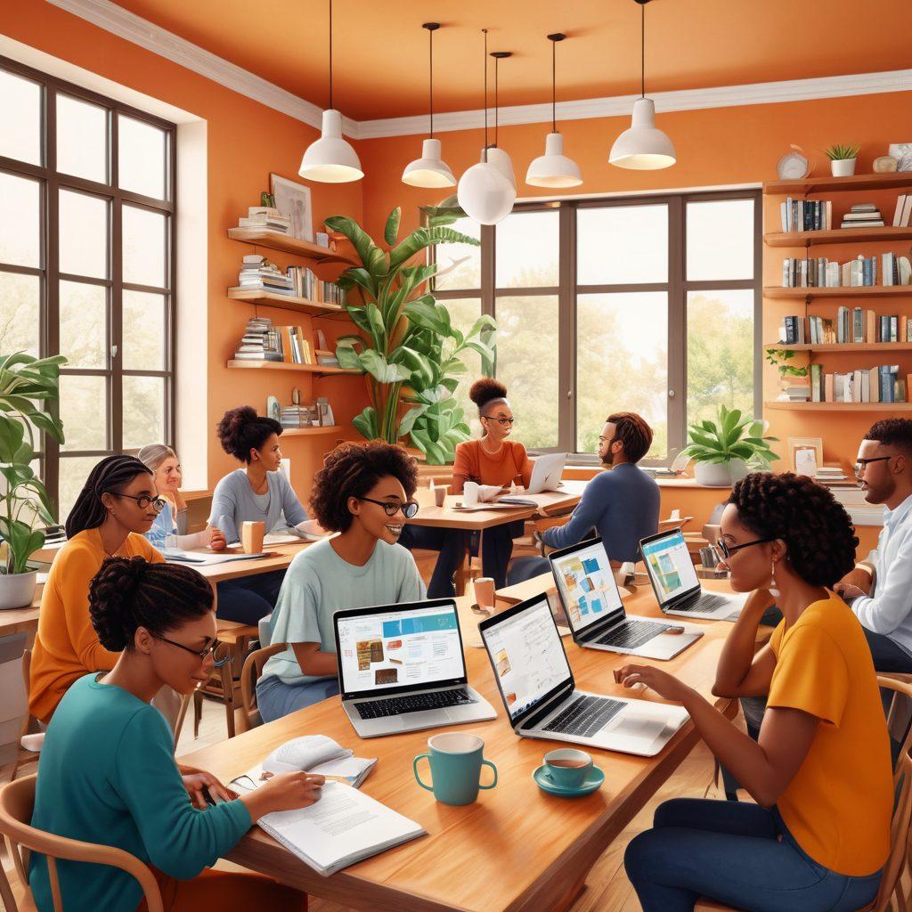 A vibrant digital illustration of a diverse group of bloggers gathered around a large, communal table filled with laptops, notebooks, and coffee cups, engaged in animated discussions. The background features a cozy café setting with blooming plants and shelves filled with books about blogging and community. Elements like speech bubbles containing ideas and reviews floating around, symbolizing collaboration. super-realistic. warm colors. cozy atmosphere.