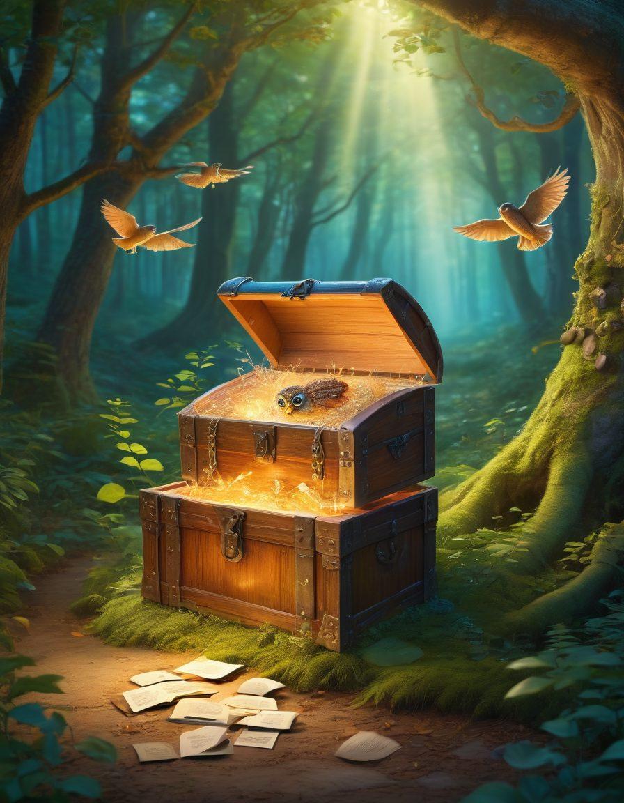 An open treasure chest overflowing with glowing scrolls symbolizing valuable blogging secrets, surrounded by a mystical forest featuring insightful creatures like owls and wise turtles. Soft, enchanting light rays highlight the scrolls, while a winding path leads to a horizon of endless blogging possibilities. whimsical illustration. vibrant colors. fantasy art.