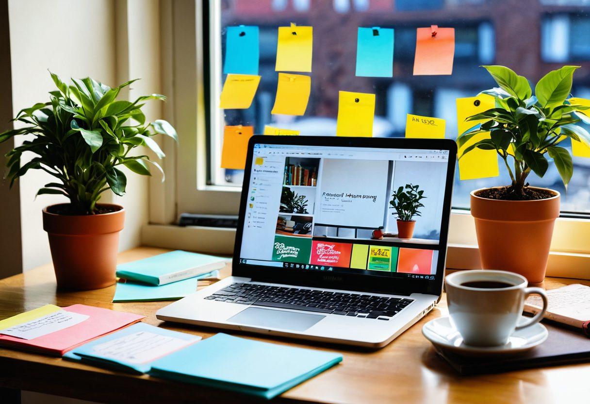 A vibrant workspace featuring a laptop with an open blog post on the screen, surrounded by colorful sticky notes filled with ideas. A steaming cup of coffee sits nearby, and soft sunlight filters through a window, casting warm light across the scene. Include a few books on writing and a potted plant for a cozy touch. vibrant colors. super-realistic.